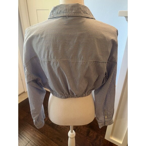 Love Tree 100% Cotton Blue White Striped Top Blouse Elastic Cropped Waist Size L - Picture 6 of 10